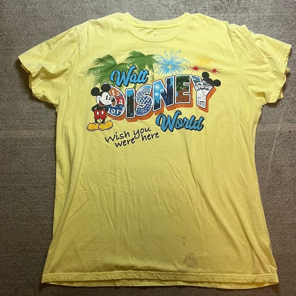 Walt Disney World Mickey Mouse Wish You Were Here Yellow T-Shirt XL